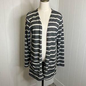 B Flawless Women's Size Large Grey White Striped Open Front Cardigan Sweater